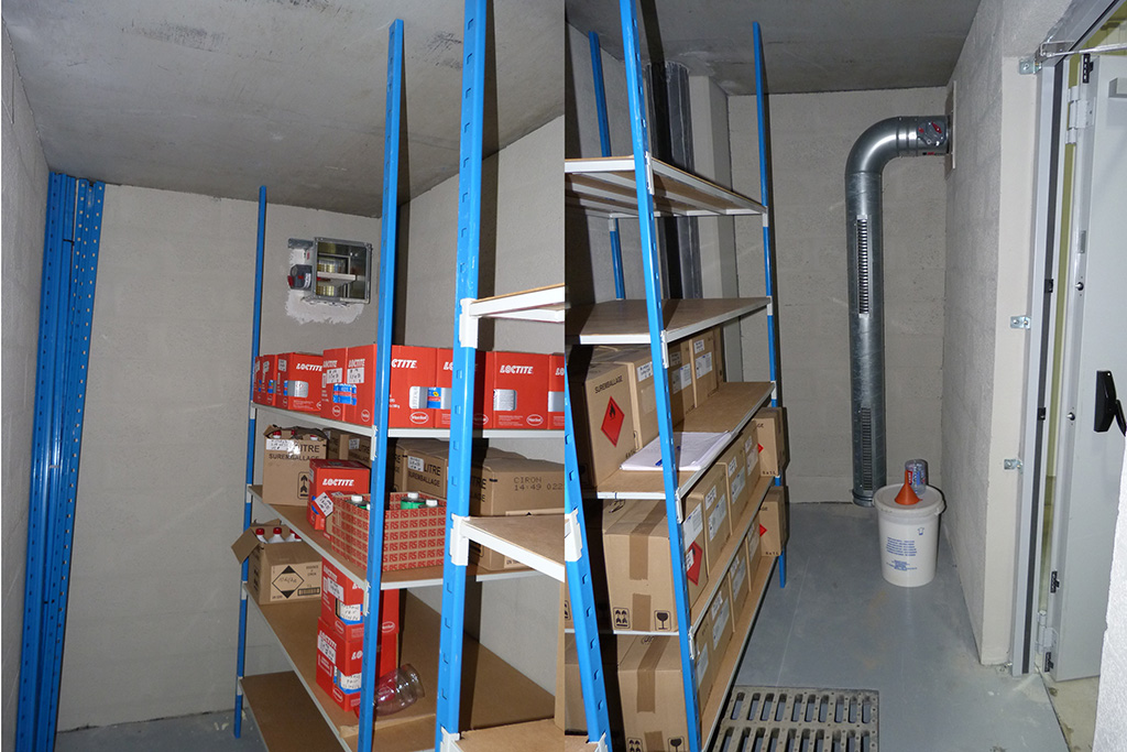 Assainissement de l'air dans les locaux de travail - Local stockage produits chimiques - Local stockage des produits chimiques d'une entreprise de fabrication d'abat-jour - Stockage