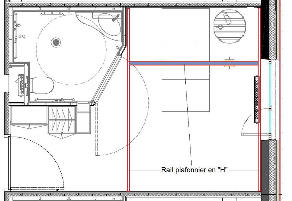 Plan de chambre spécifique vu avec le rail plafonnier en H - Reconstruction d'un EHPAD dans le Médoc - La chambre et son cabinet de toilette BOSSEGE
