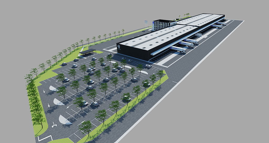 Plan 3D des installations GEODIS - Entrepôt de groupage - Circulation extérieure - Accès entrée / sortie sur le site