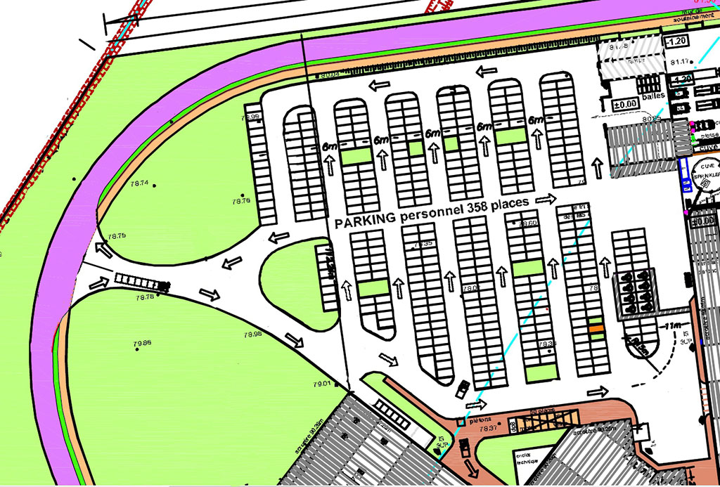 Construction d'un hypermarché -Circulation extérieure -Zoom du parking VL "salariés" -Vue plan (phase APD) LECLERC - plan vue du dessus