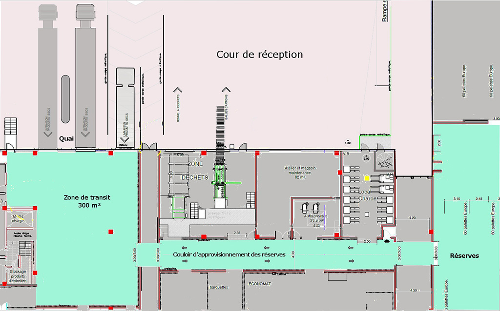 Construction d'un hypermarché -Circulation intérieure -Limitation encombrement des zones de circulation LECLERC plan des locaux autour de la cour de réception