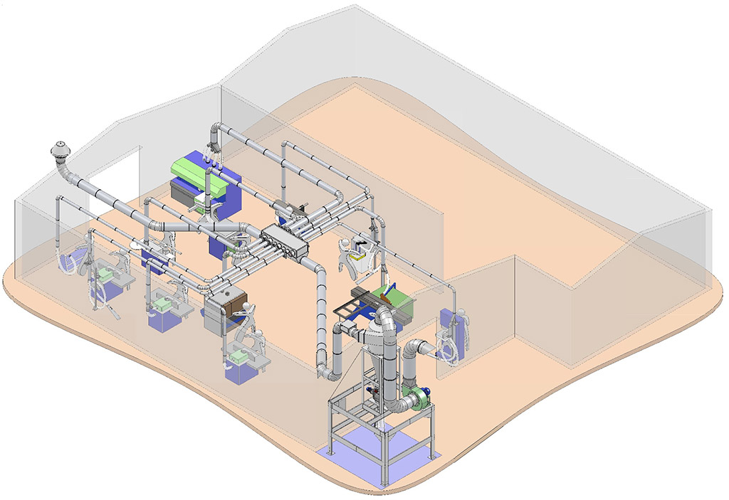 Atelier "fabrication de meubles en bois" -Assainissement de l'air et confort thermique -Vue d'ensemble du réseau dans l’atelier schéma en 3D MARTICORENA