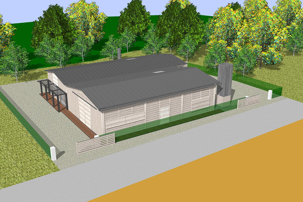Atelier "fabrication de meubles en bois" - Circulation extérieure -Vue 3D depuis la voie d’accès MARTICORENA