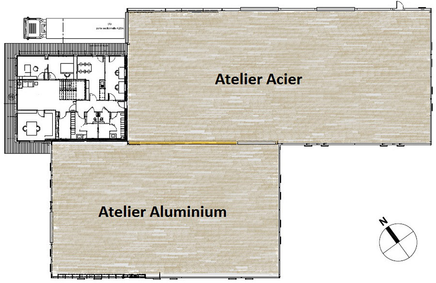 Plan dispositif acoustique SOBLACO - Construction d'un atelier de menuiserie métallique - Acoustique -Séparation physique des locaux : cloison entre les ateliers avec isolation acoustique. Atelier acier et aluminium.