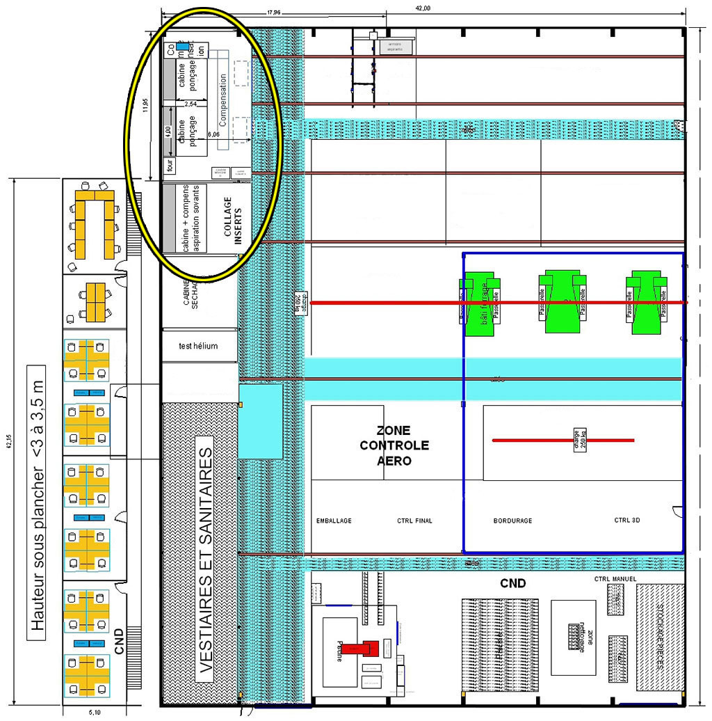 Plan Acoustique cabine poncage - Atelier de fabrication de pièces en matière composite pour l'industrie aéronautique - Acoustique - Cabine de ponçage, usinage, détourage