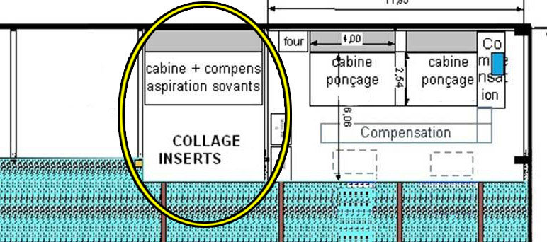 STELIA Vapeur de solvant plan et collage inserts. Atelier de fabrication de pièces en matière composite pour l'industrie aéronautique - Assainissement de l'air et confort thermique -Pollution spécifique - Cabine de collage "Insert pièces hélico" et dégraissage (vapeur de solvants, utilisation de MEC : Méthyl Ethyl Cétone).