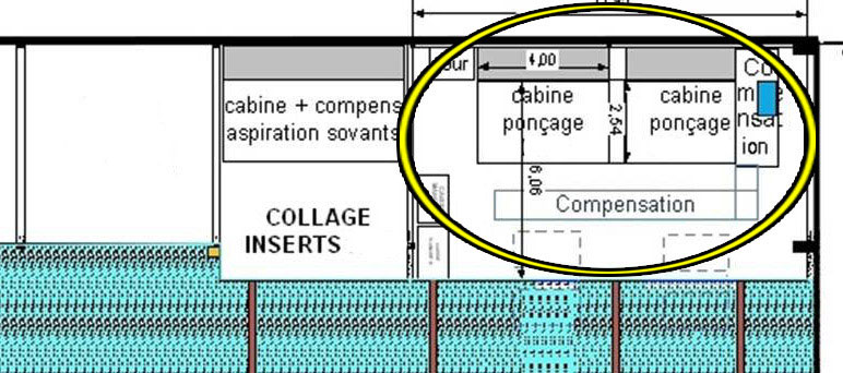 Plan cabine de ponçage – captation poussières – STELIA - Atelier de fabrication de pièces en matière composite pour l'industrie aéronautique - Assainissement de l'air et confort thermique -Pollution spécifique - Cabine de ponçage, détourage et usinage (poussière d'usinage)