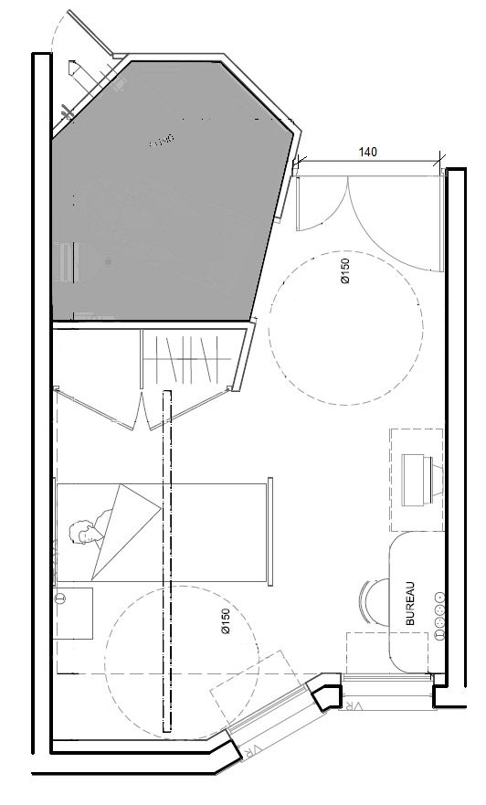 Reconstruction d'un EHPAD à Saint-Palais -La chambre et son cabinet de toilette -La chambre plan vue du dessus