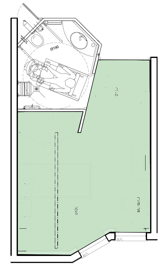 Reconstruction d'un EHPAD à Saint-Palais STELISA - La chambre et son cabinet de toilette - Le cabinet de toilette sur plan avec la chambre et accès