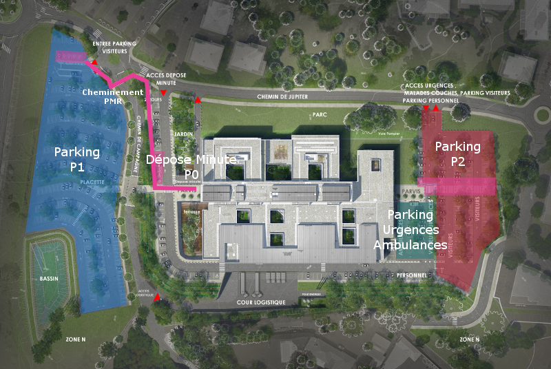Construction d'une clinique -Circulation extérieure vue 3D vu du dessus