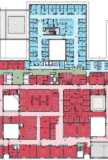 Plan et détail schéma Construction d'une clinique - Circulation intérieure -Plateau bloc opératoire étape 2