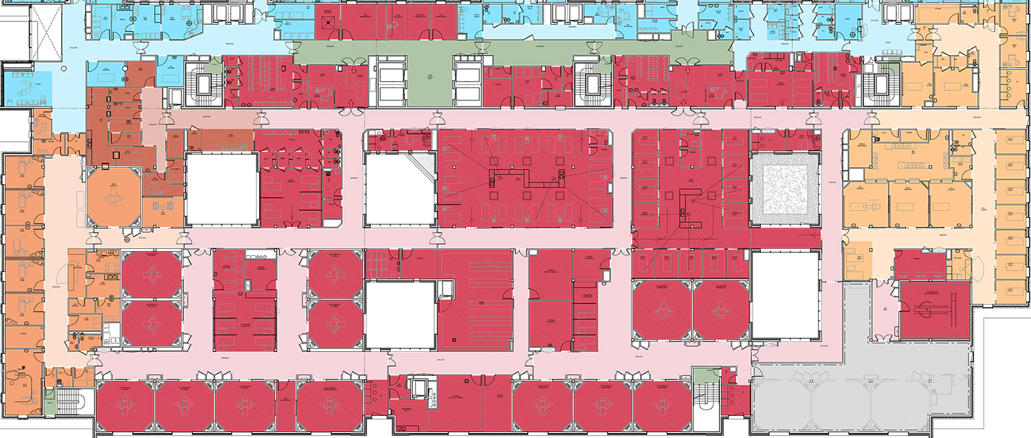 Construction d'une clinique - Locaux sociaux - plan du bâtiment avec les sorties et entrées
